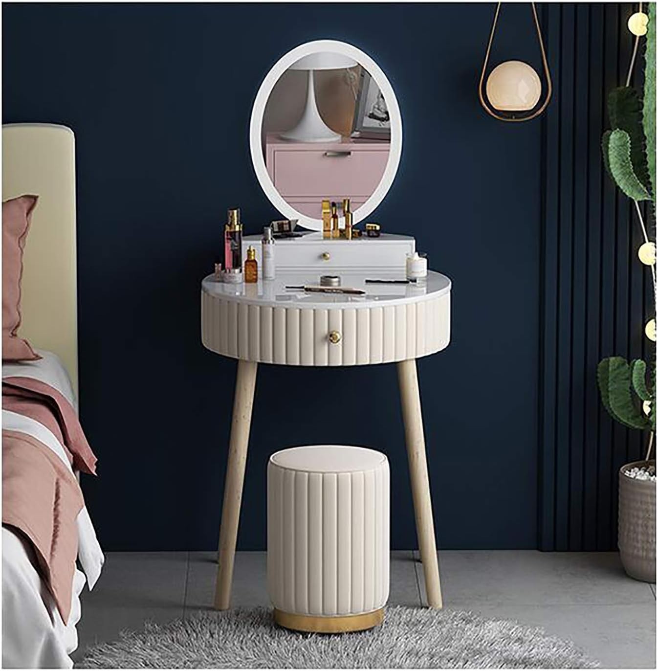 Makeup Vanity Dressing Table Set Marble Top Velvet Beige Drawers Adjustable