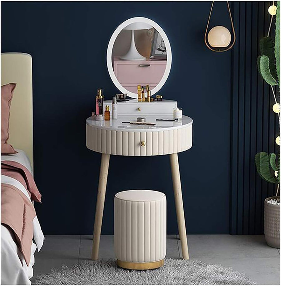 Makeup Vanity Dressing Table Set Marble Top Velvet Beige Drawers Adjustable