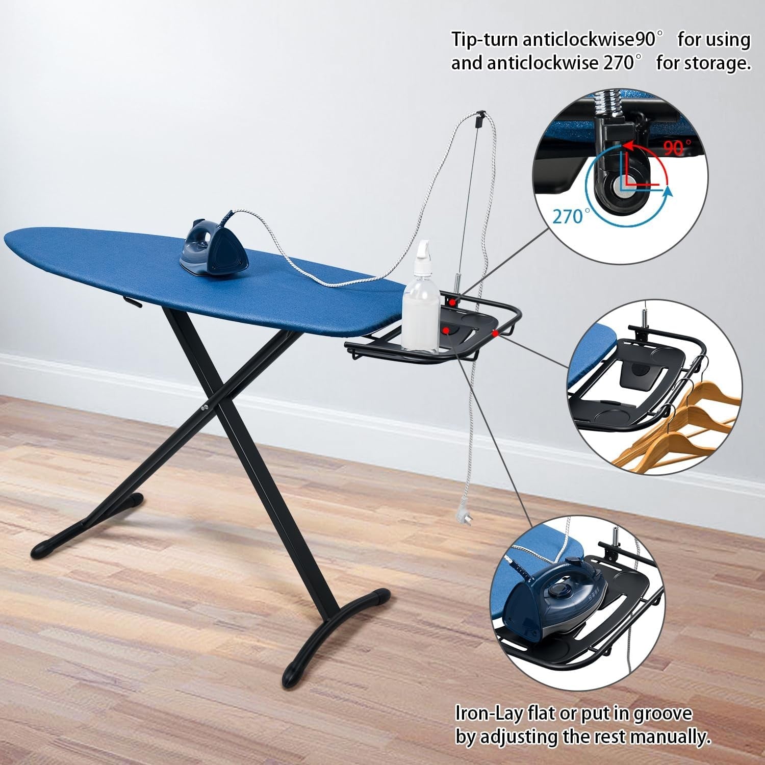 Extra Wide Ironing Board with Sleeve Board Adjustable Height Foldable Blue