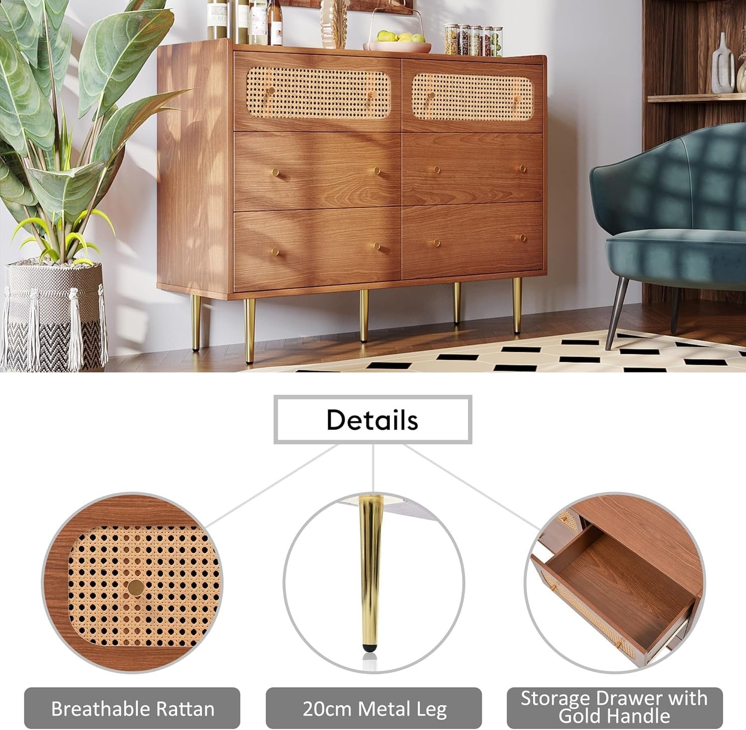 Walnut 6 Drawer Rattan Sideboard Cabinet with Gold Legs for Hallway Storage