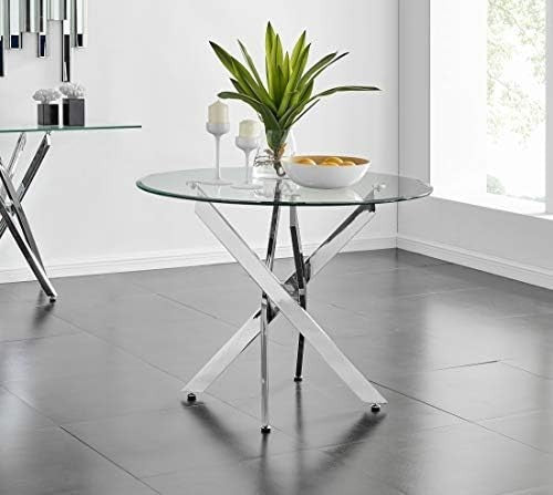Round Glass Dining Table Modern Chrome Leg Design 100cm Clear Top Space Saving