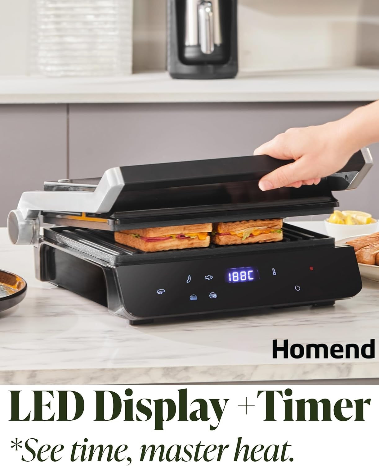 2000W Indoor Electric Grill Press | Non-Stick Plates, LED Timer, 180° Open BBQ