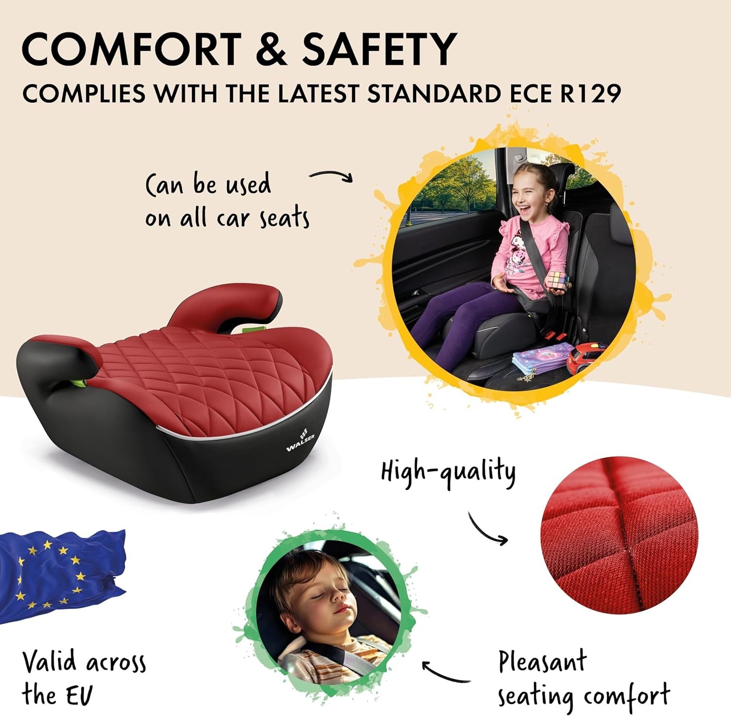 Child Booster Seat 125–150cm R129 Padded Kids Car Seat Red Black
