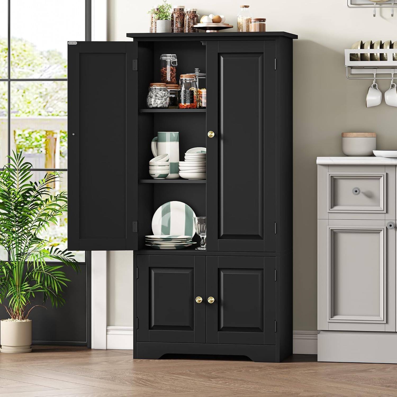 Black Kitchen Cupboard 4 Door Freestanding Storage Cabinet with Shelves
