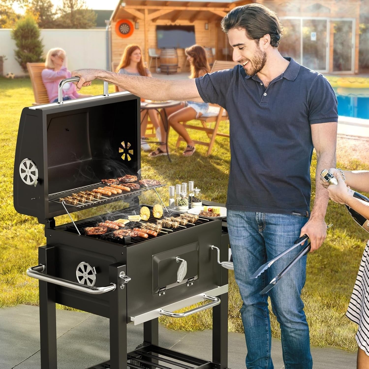 XL Charcoal BBQ Grill with Wheels, Side Table, Warming Rack & Thermometer