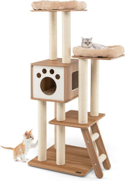 157cm Wooden Cat Tree Beige Tall Tower with Condo Perch Ladder & Sisal Posts