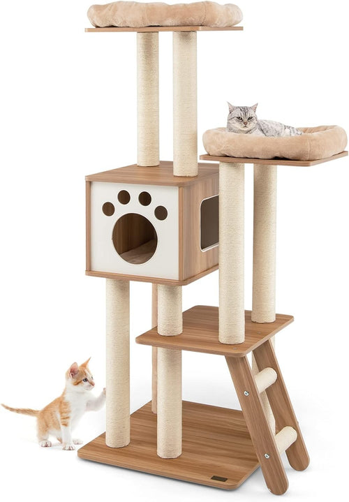 157cm Wooden Cat Tree Beige Tall Tower with Condo Perch Ladder & Sisal Posts