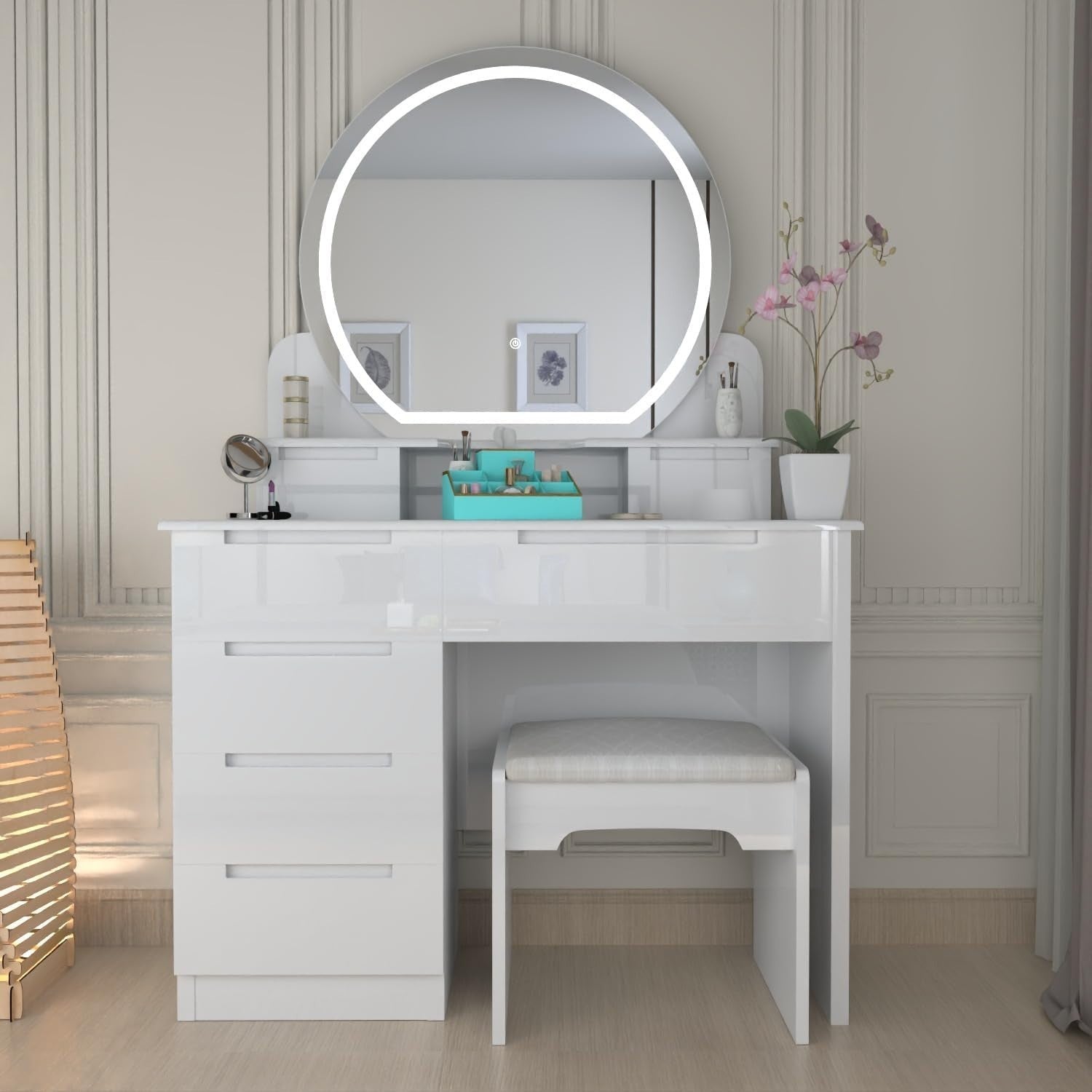 White Dressing Table Makeup Vanity Desk w/ Mirror Modern 5 Drawer High Gloss