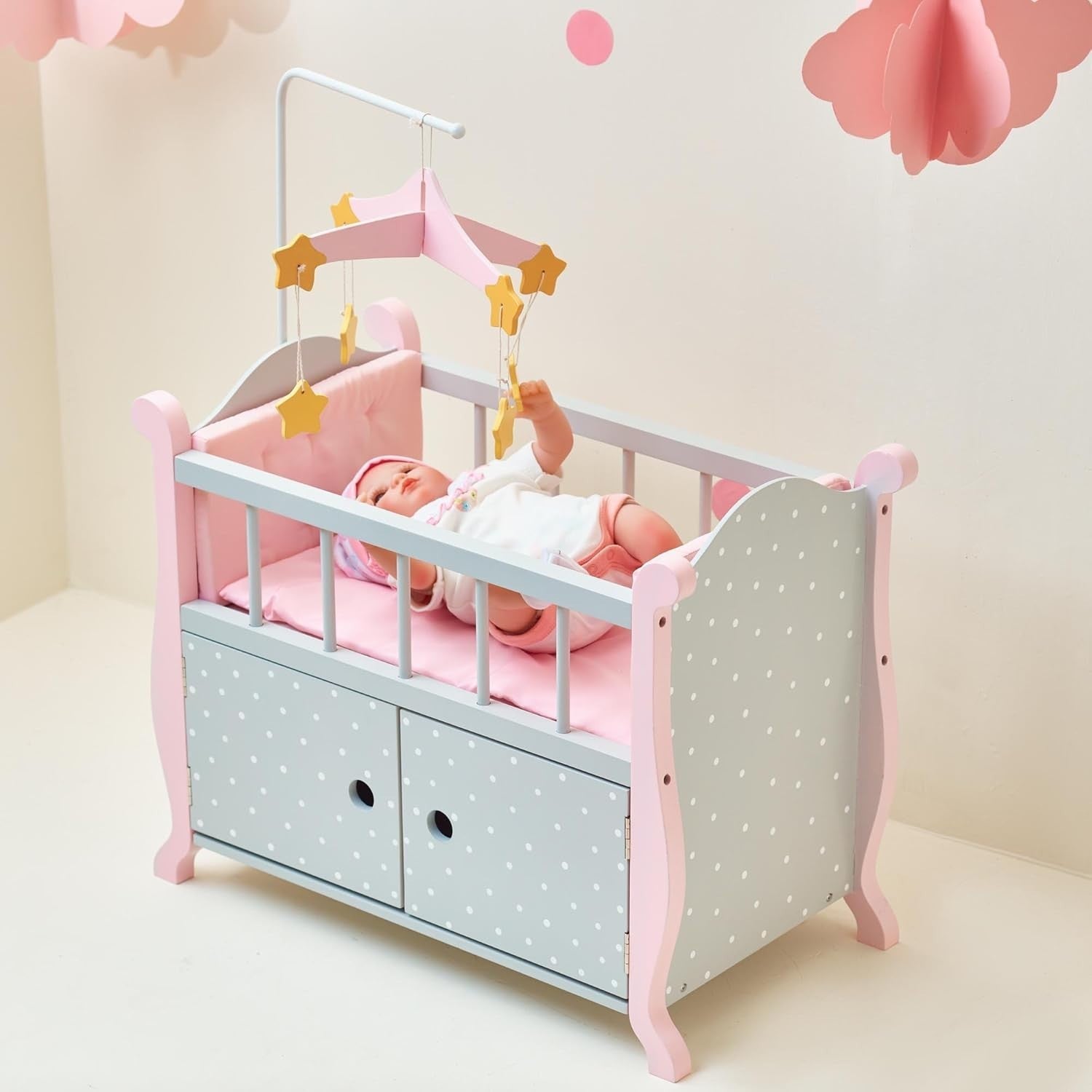 Wooden Baby Doll Cot with Storage Cushion Bedding Mobile Grey Pink 57x31x79cm