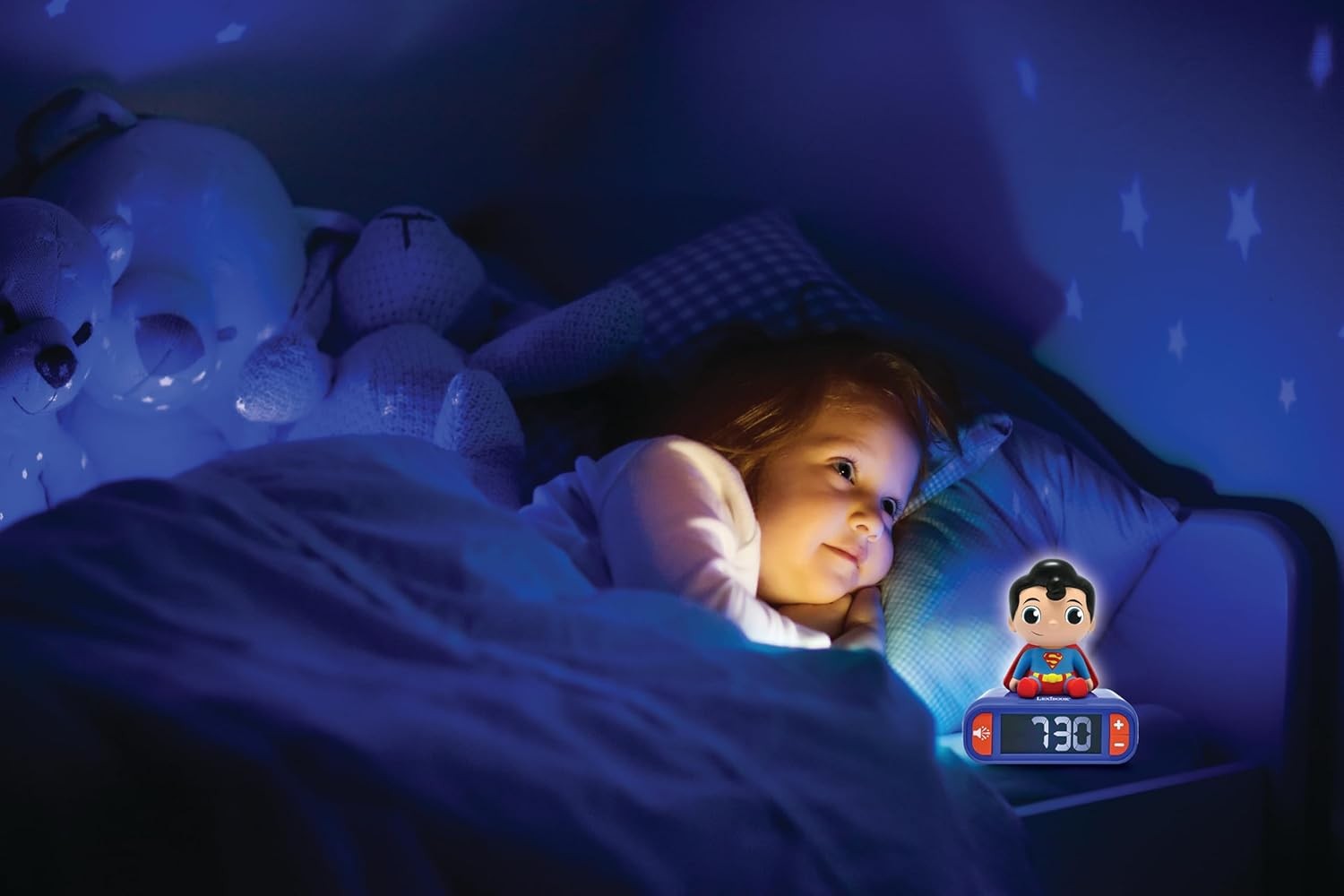 Kids Superhero Alarm Clock Night Light Blue Red LCD Snooze Sounds