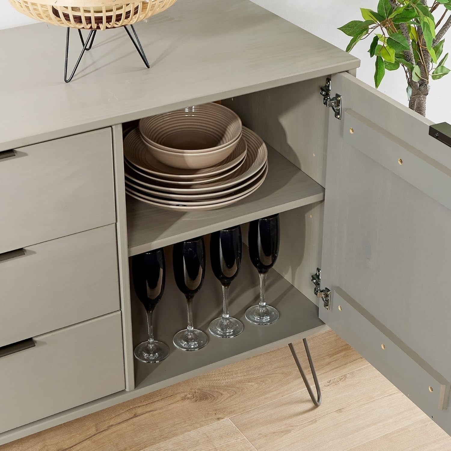 Grey Sideboard Cabinet 3 Drawers 2 Doors Metal Legs Modern Storage Unit