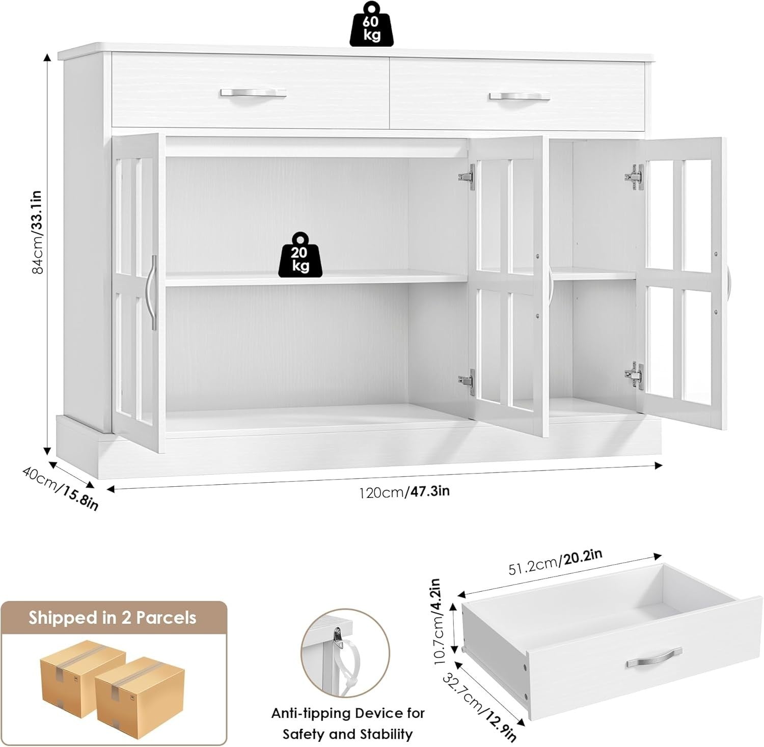 White Sideboard Cabinet Glass Doors Storage Unit with Drawers Shelves