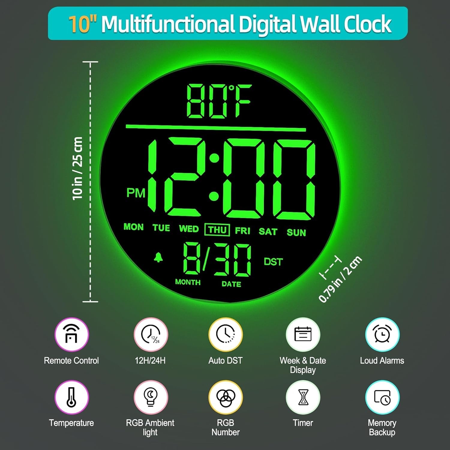 Black Green 10″ RGB Digital Wall Clock LED Large Display Remote Temperature
