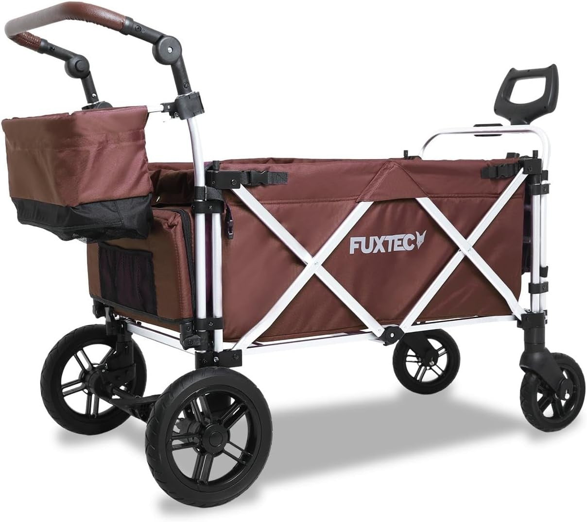 Brown All-Terrain 2-Seater Folding Kids Wagon Push Pull Stroller w/ Roof