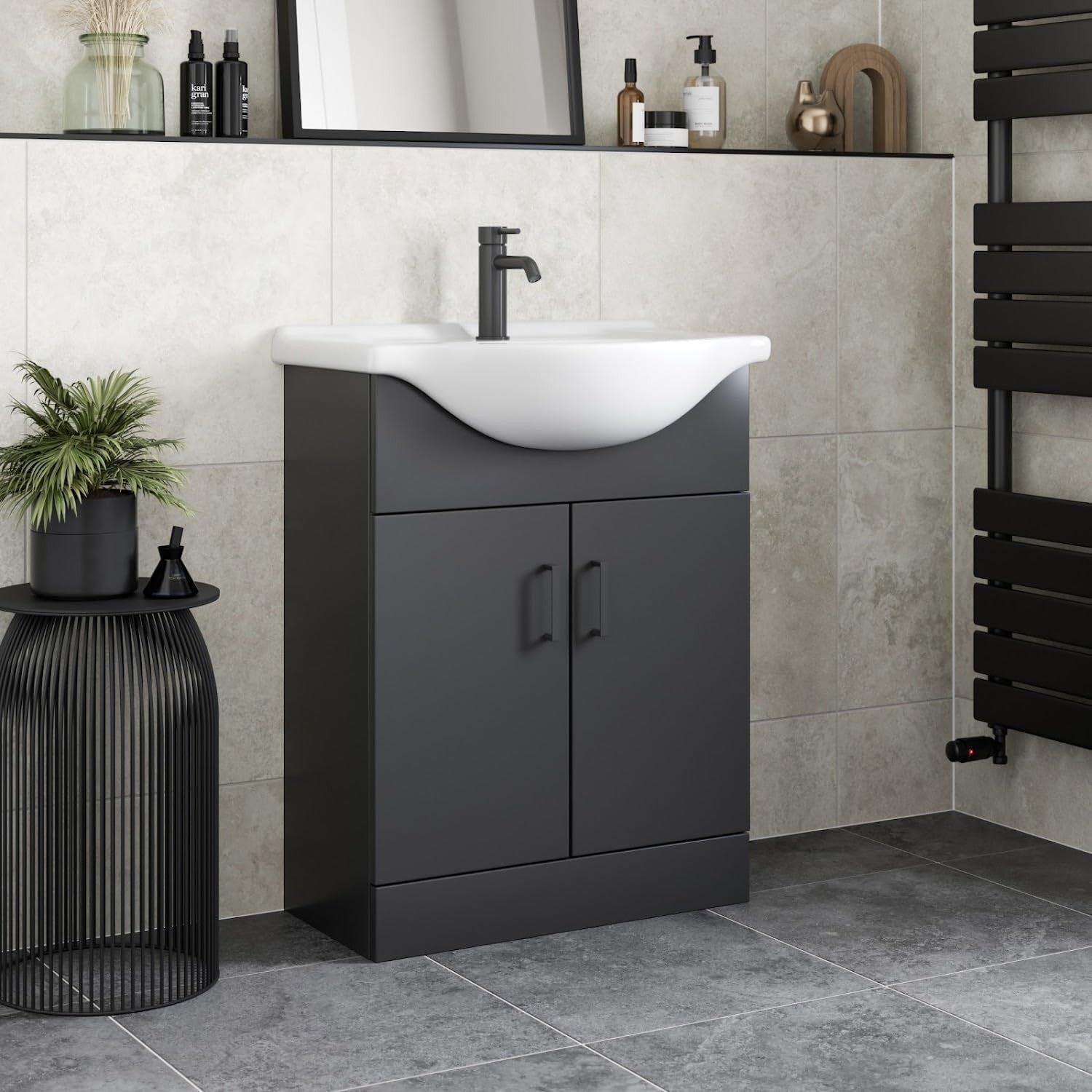 650mm Matt Black Vanity Sink Unit – Bathroom Basin Cabinet with Soft Close Doors