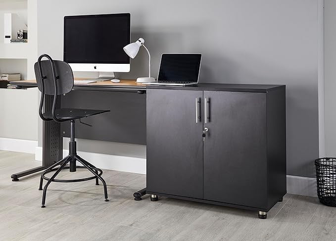 Black Storage Cabinet 75CM Tall Metal Cupboard with Lockable Doors
