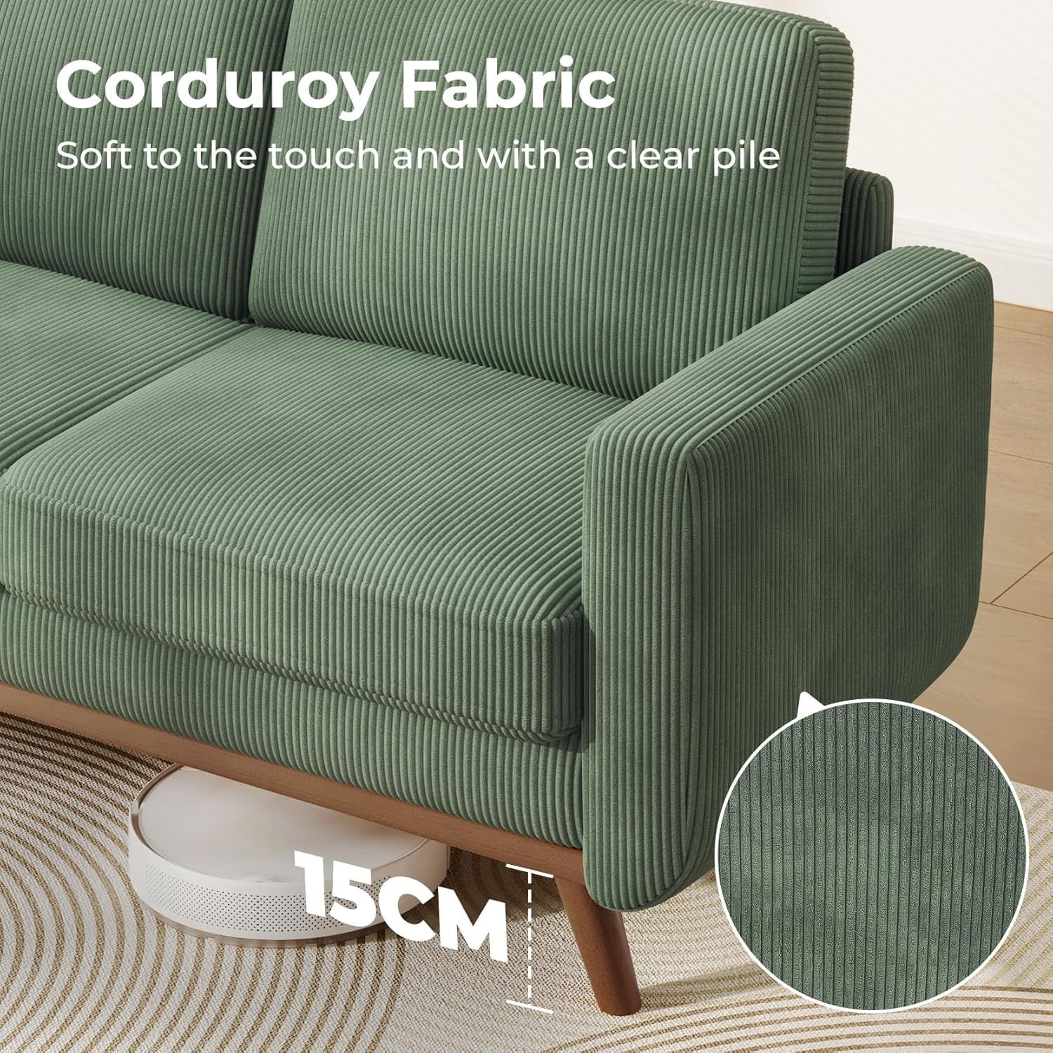 Green Corduroy Luxe 2 Seater Sofa | Deep Seat Loveseat for Small Spaces