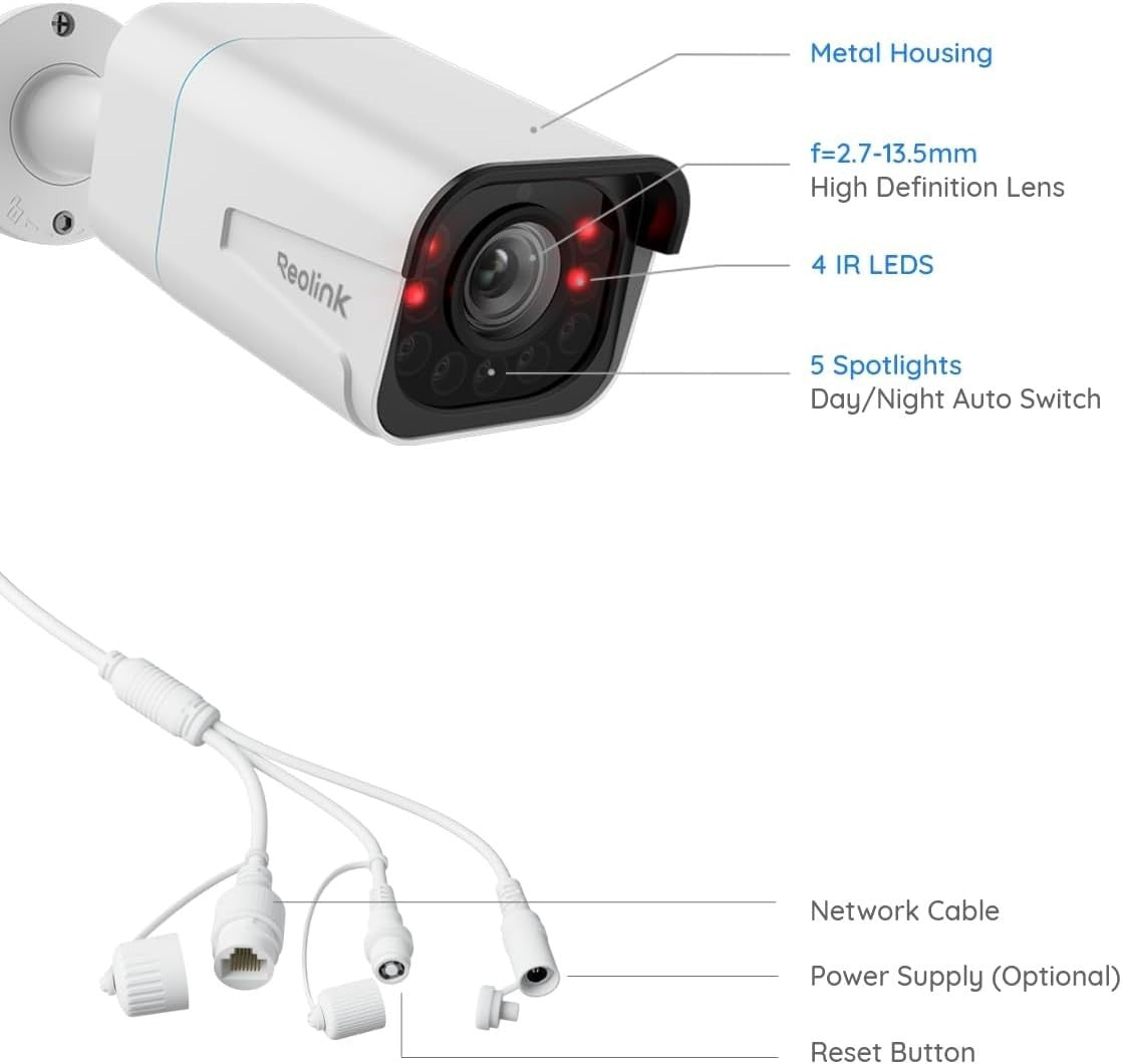4K PoE Security Camera 5X Optical Zoom Color Night Vision AI Detection