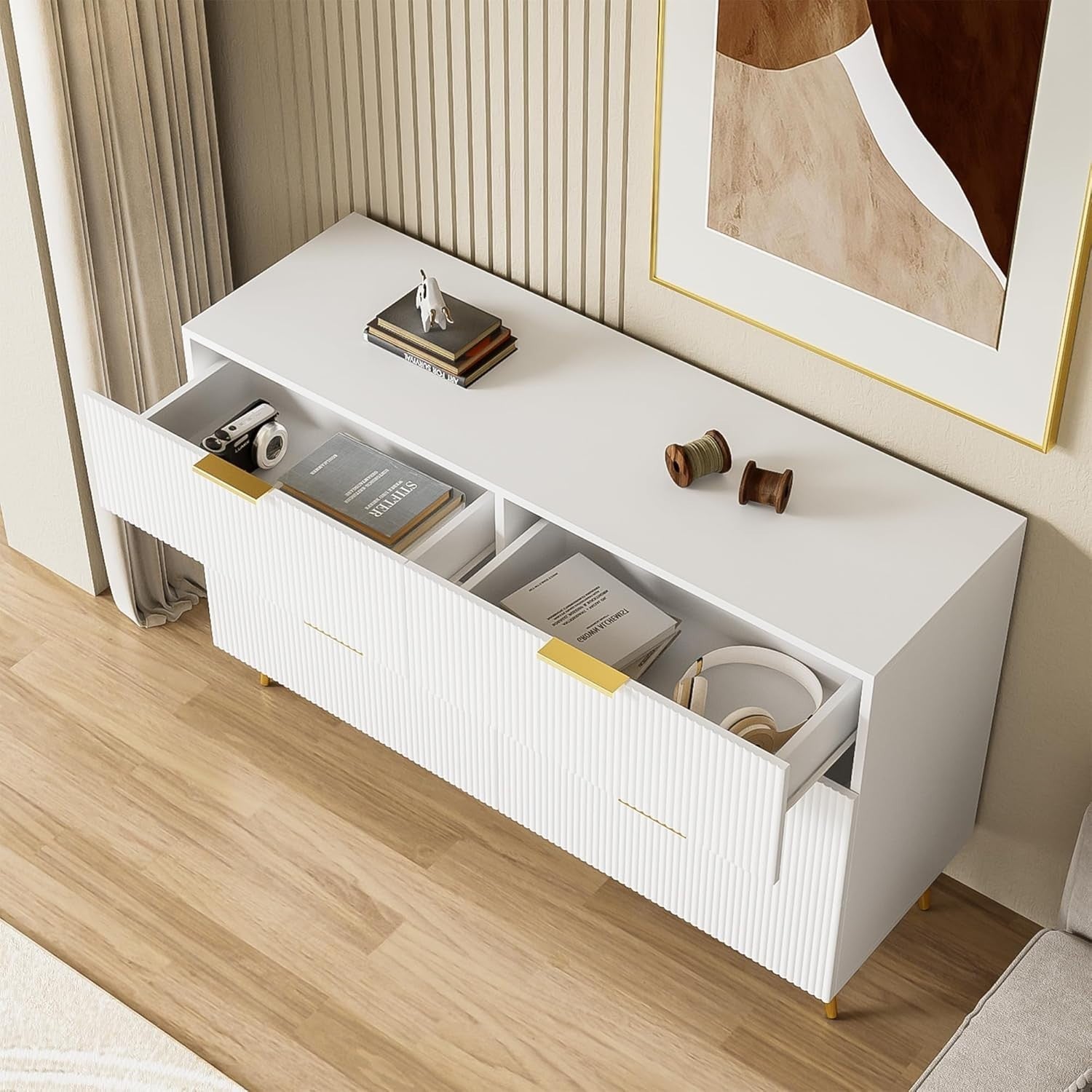 Modern White Sideboard Cabinet 6 Drawers Gold Legs Storage 120x40x77cm