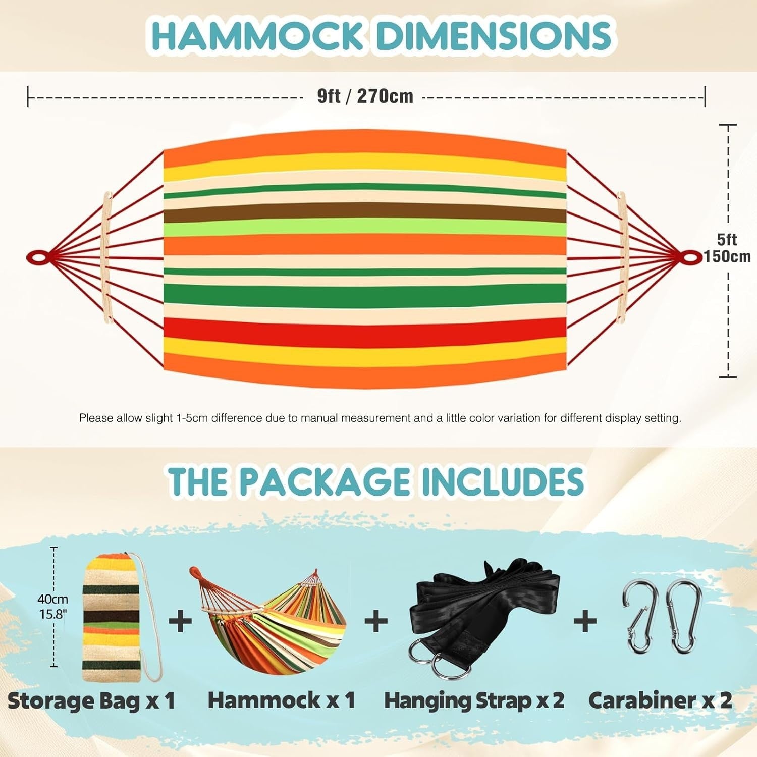 Outdoor Cotton Hammock with Spreader Bars & Tree Straps – Portable - Orange