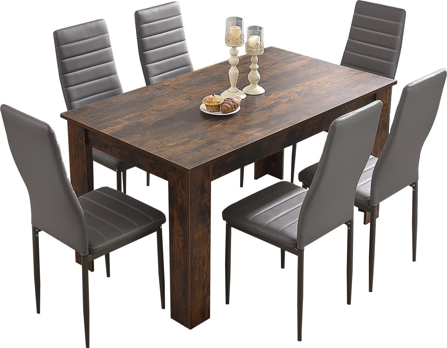 Modern 6-Piece PU Leather Dining Table Set Grey Chairs 140x80x75cm