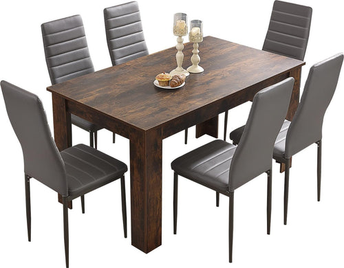 Modern 6-Piece PU Leather Dining Table Set Grey Chairs 140x80x75cm