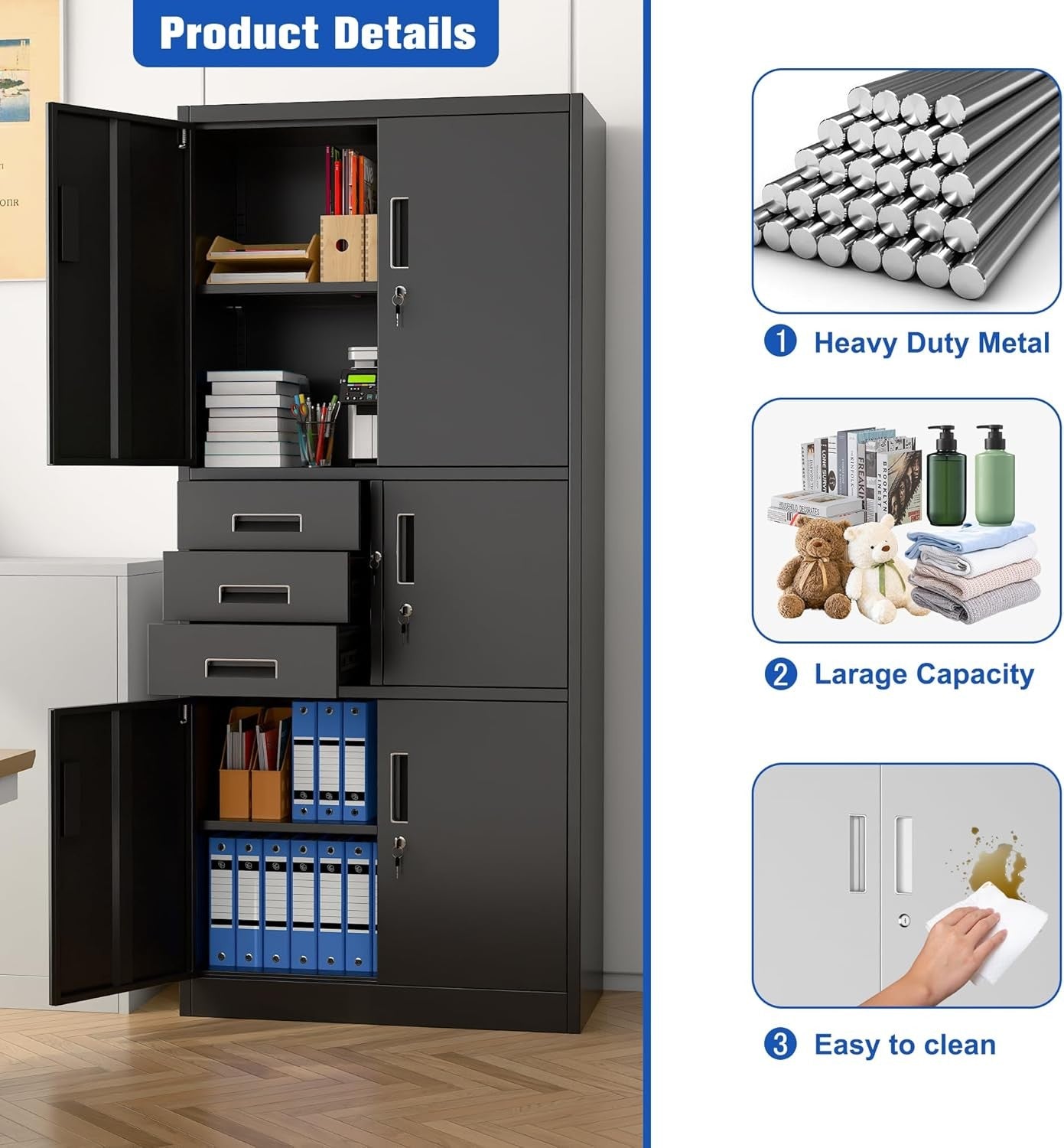 Metal Storage Cabinet 5 Door 3 Drawer Lockable Steel Cupboard 180cm Black