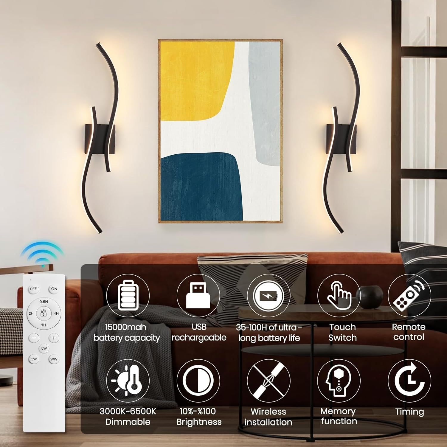 Battery Operated LED Wall Sconces with Remote, USB Rechargeable, 80cm