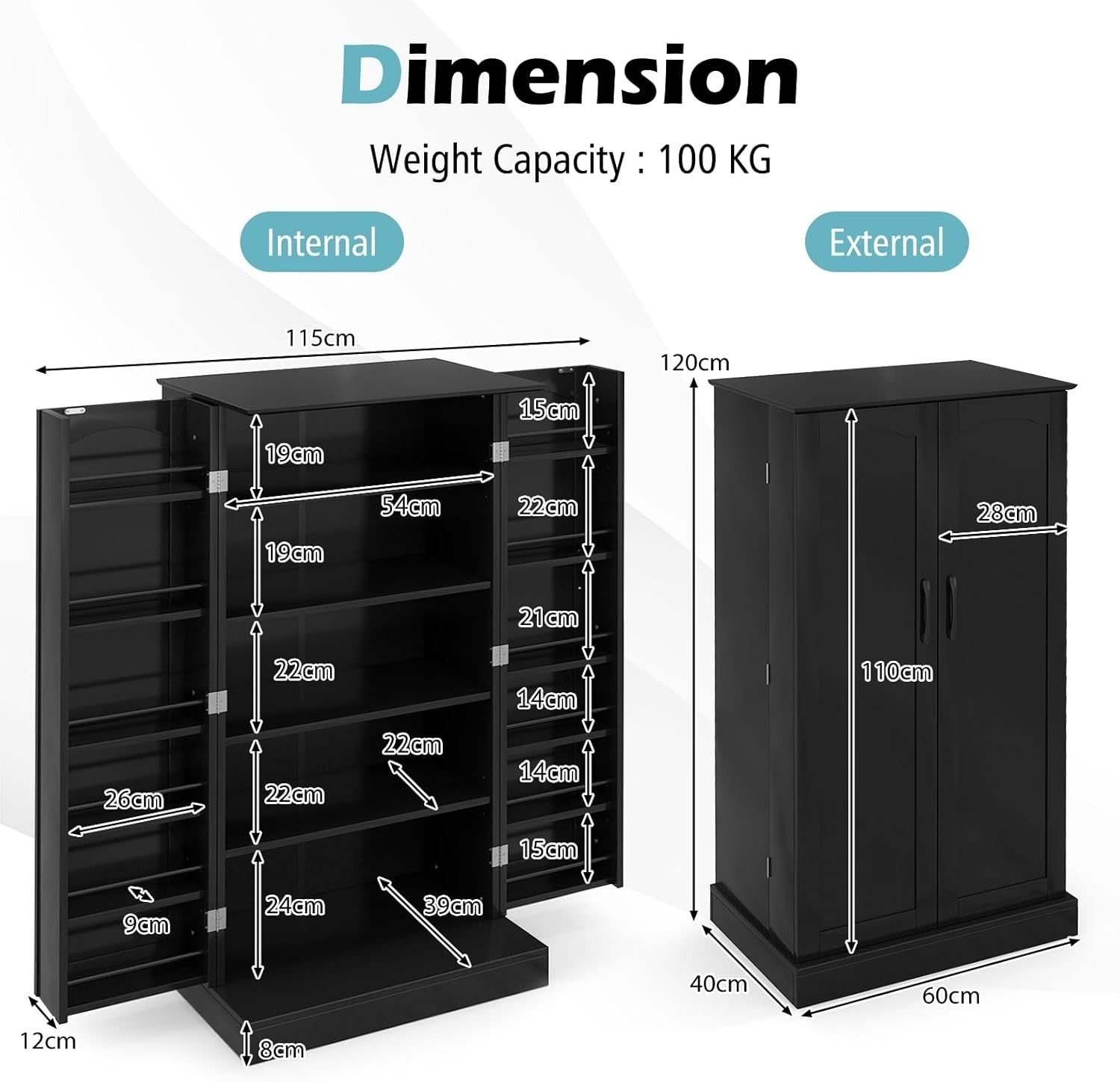 Tall Black Kitchen Pantry Cupboard Storage Cabinet Adjustable Shelves Unit
