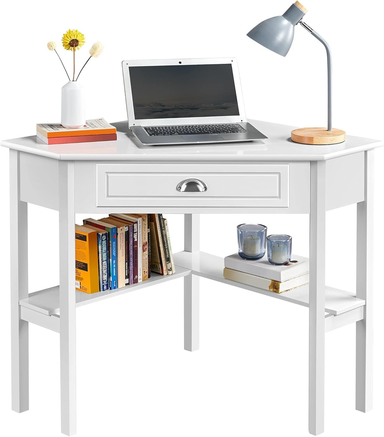 L Shaped Corner Computer Desk Small Space Home Office Storage Drawers White