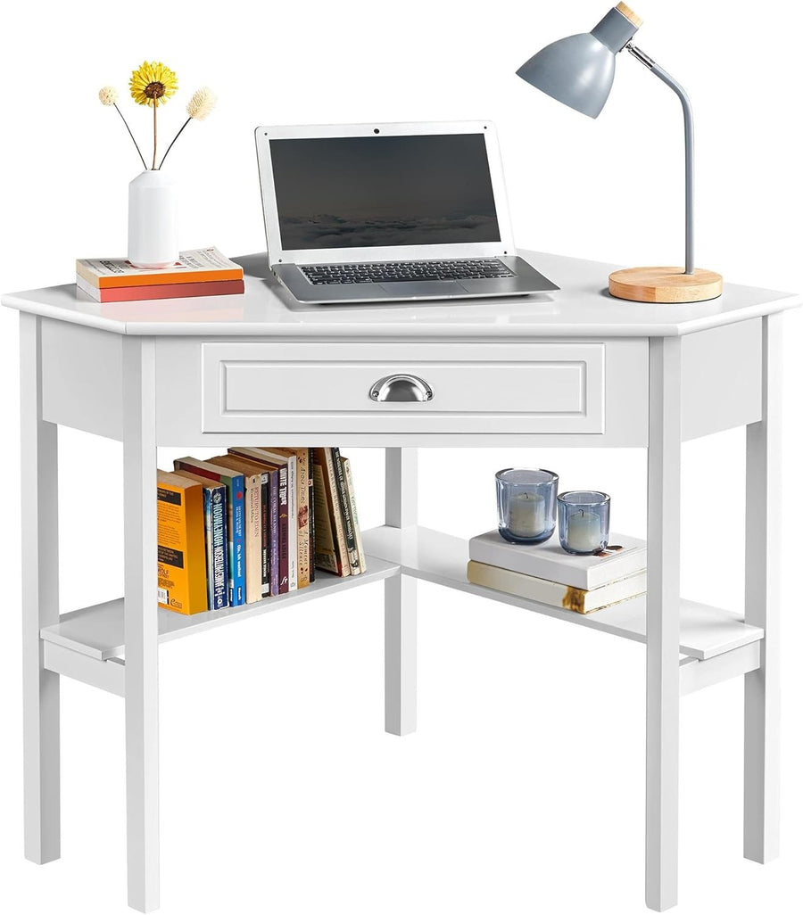 L Shaped Corner Computer Desk Small Space Home Office Storage Drawers White