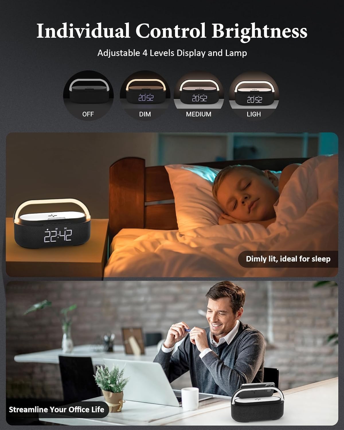 Bluetooth Alarm Clock Wireless Charger Speaker FM Radio Snooze