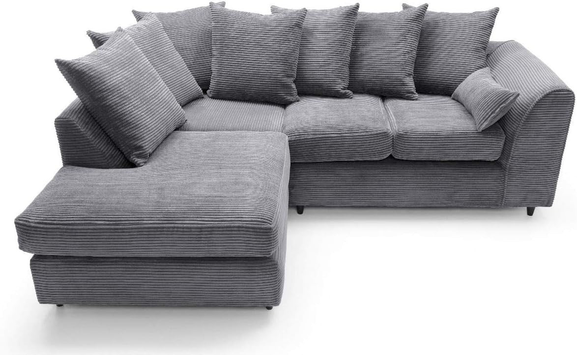 L Shaped Corner Sofa Jumbo Cord Fabric Deep Cushions Grey 212cm Wide