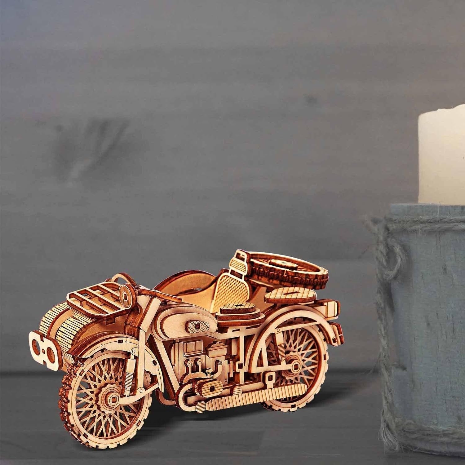 Wooden Sidecar Motorbike 3D Puzzle Kit – Retro Model for Adults & Teens