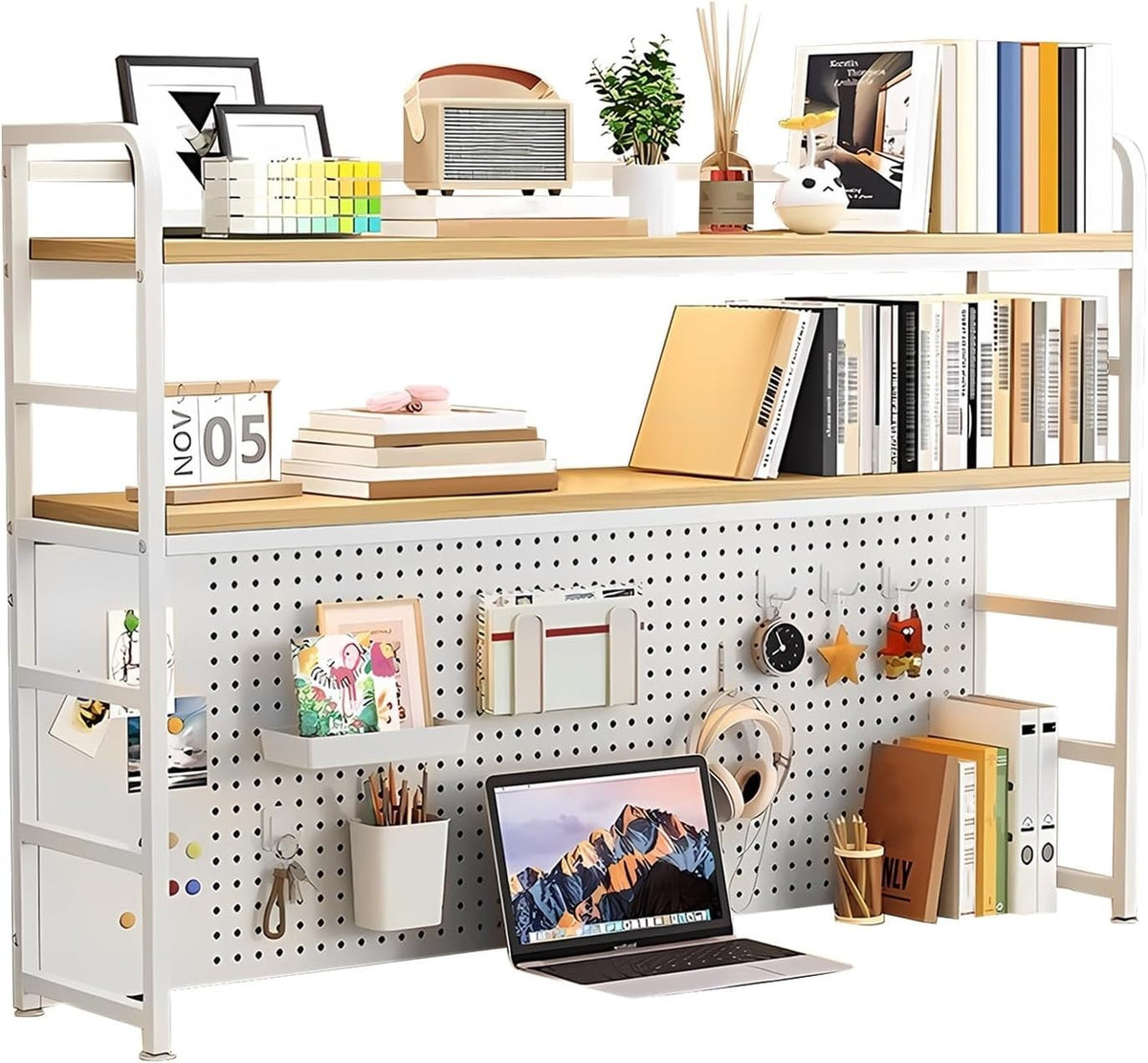 2-Tier Desktop Hutch Shelf w/ Pegboard Metal/MDF Organizer Rack 110cm White