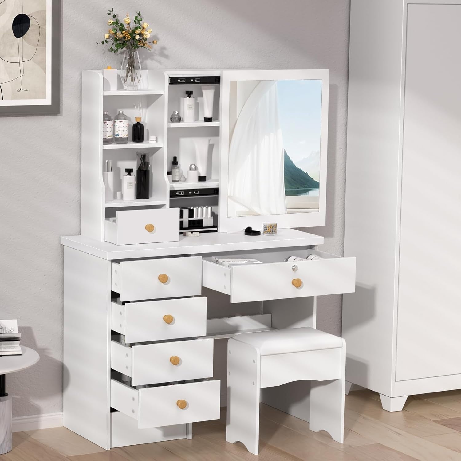 White XL Vanity Makeup Dressing Table Dresser Mirror Lights Drawers Storage