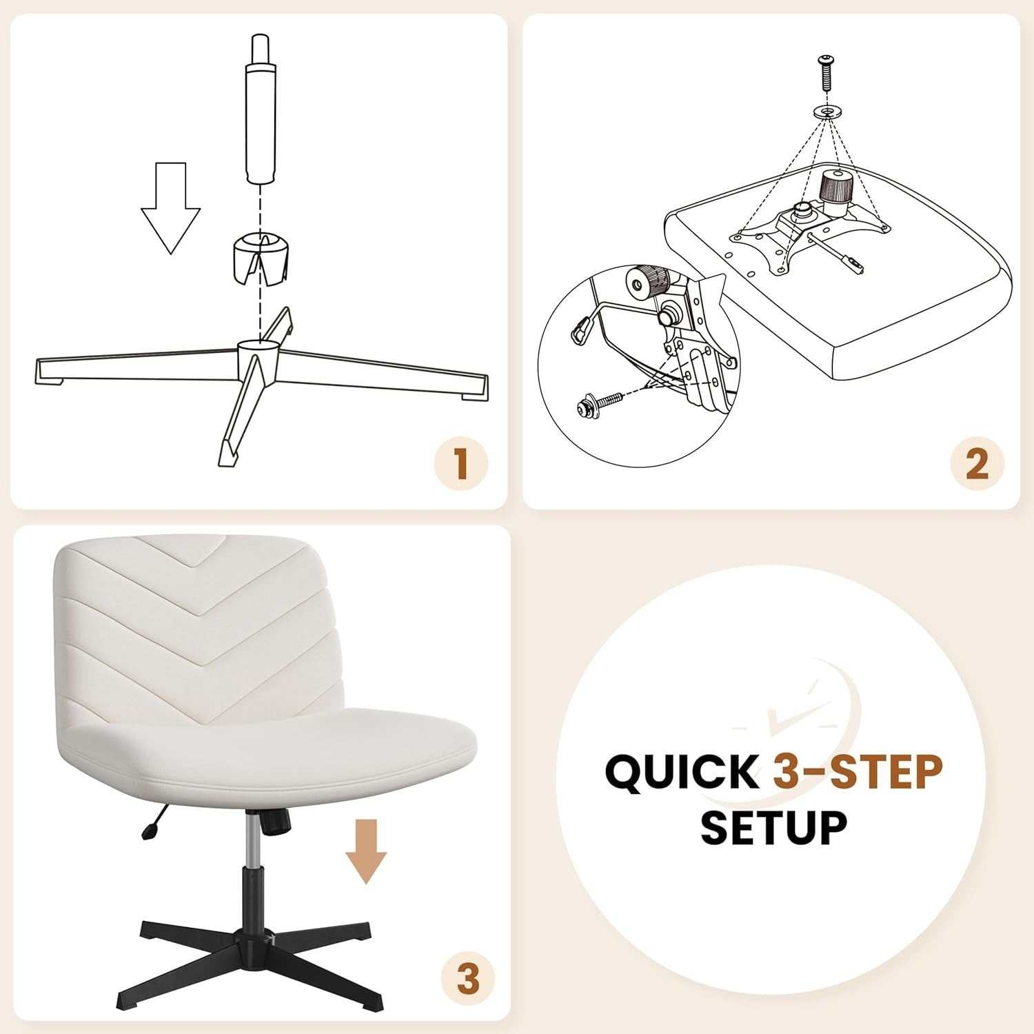 Office Chair Armless Desk Task Adjustable Height Swivel Study Home Beige