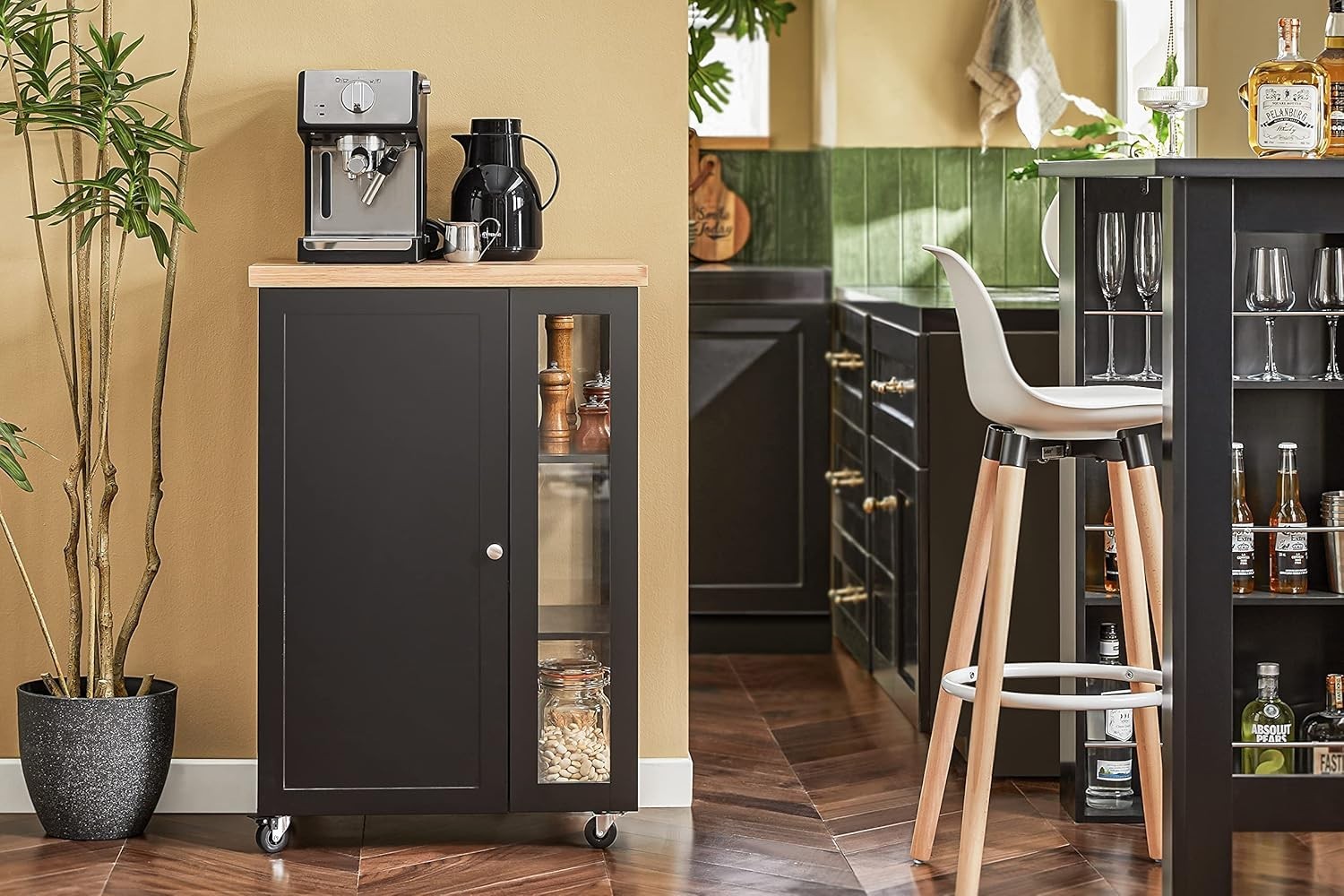 Black Compact Kitchen Island on Wheels with Cupboard, Side Rack & Worktop