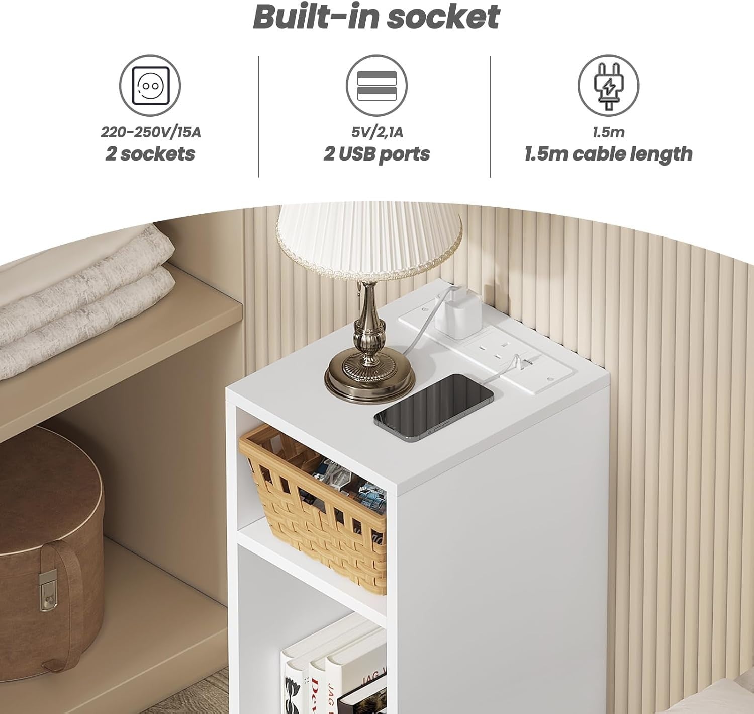 Set of 2 Smart Bedside Tables with USB Charging Ports & Storage Shelves
