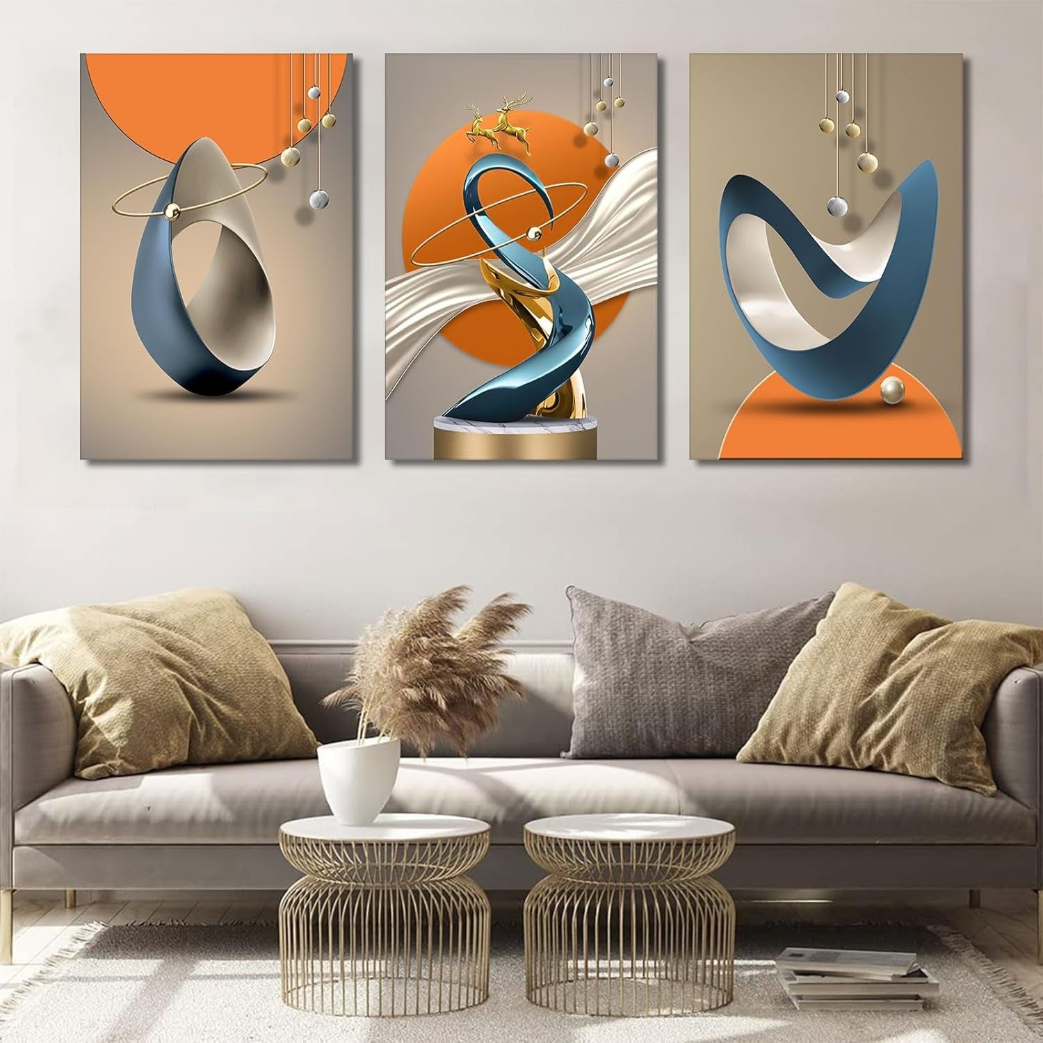 3Pcs Modern Abstract Canvas – Gold Deer Lines White Blue Orange Wall Art
