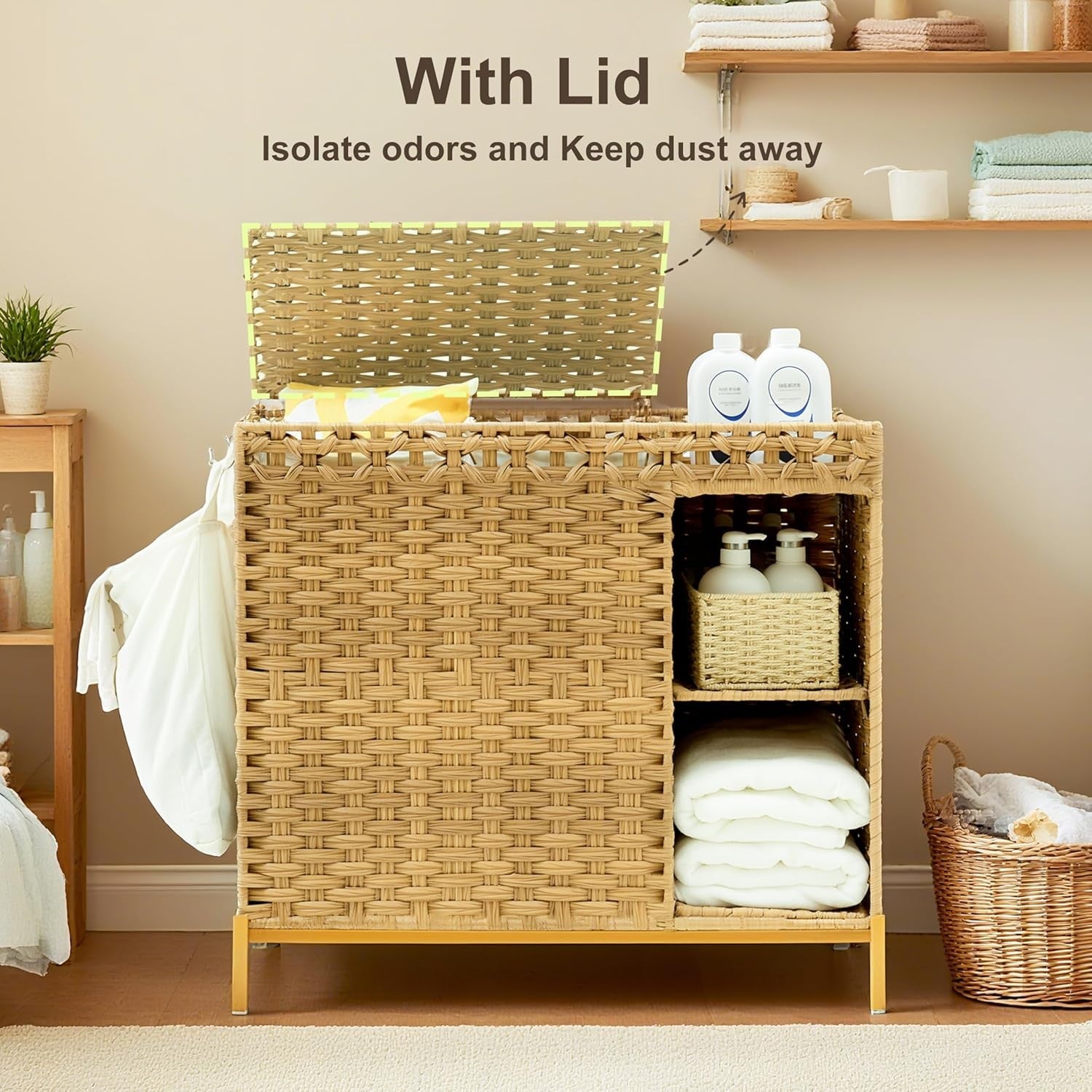 110L Rattan Laundry Hamper with Lid 3 Bags Storage Shelf Wicker Organizer Unit