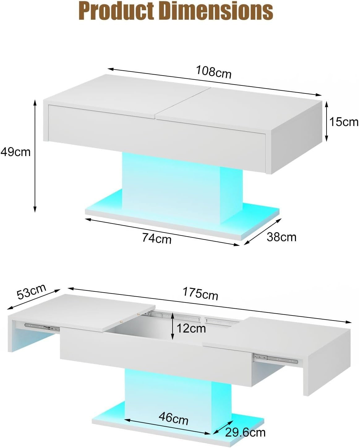 Modern White Coffee Table with Hidden Storage, Sliding Drawers & LED Lights