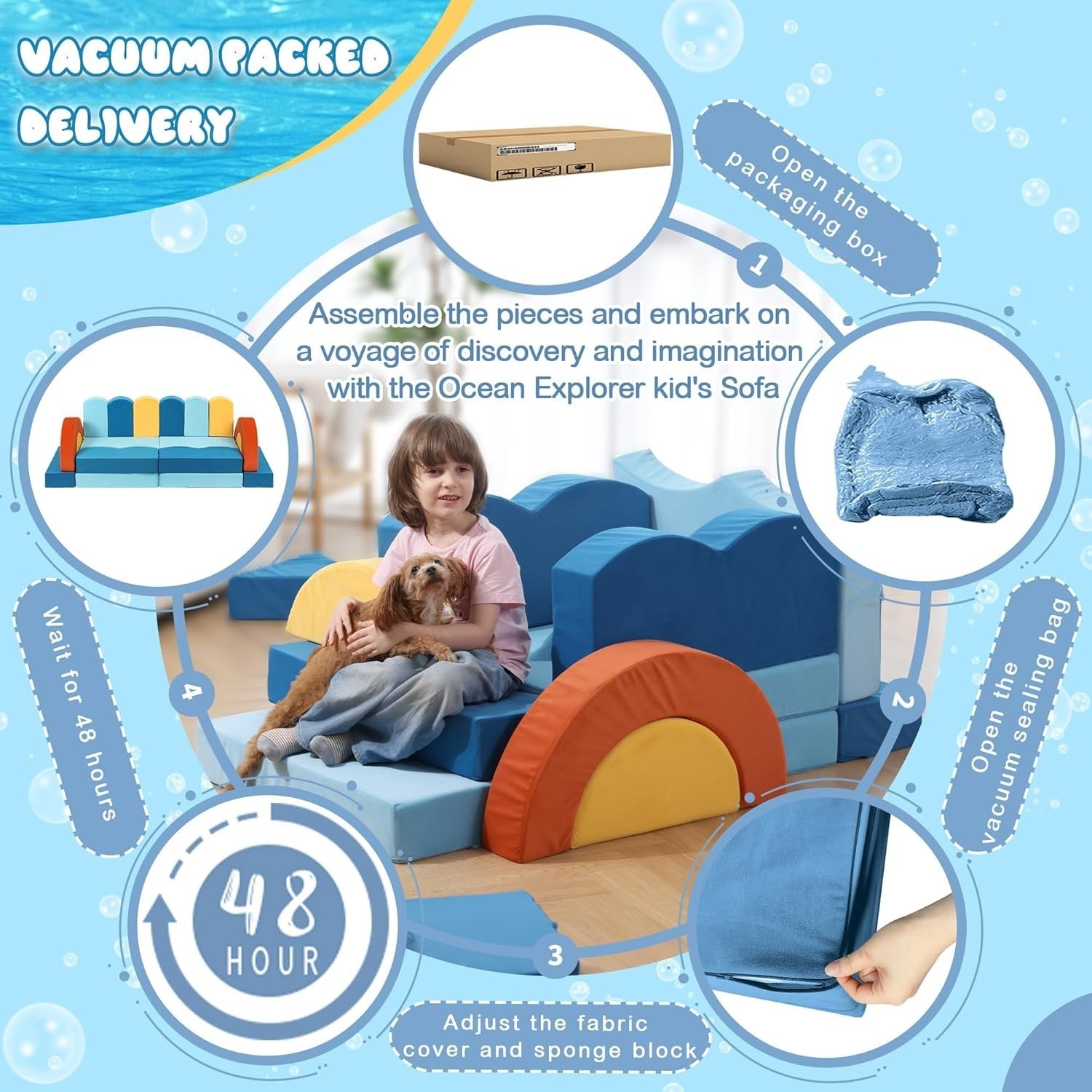 22-Piece Modular Kids Play Couch Sofa Bed Ocean Theme Durable Soft Foam