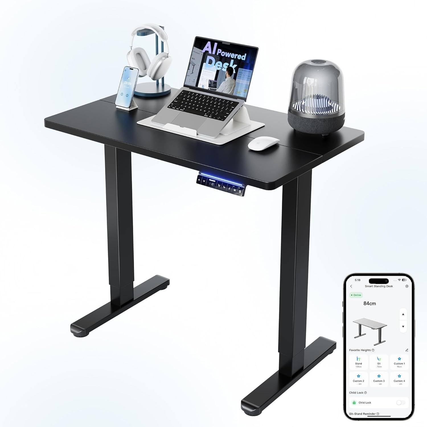 AI Electric Standing Desk Height Adjustable Sit Stand Smart App Control 80x48cm