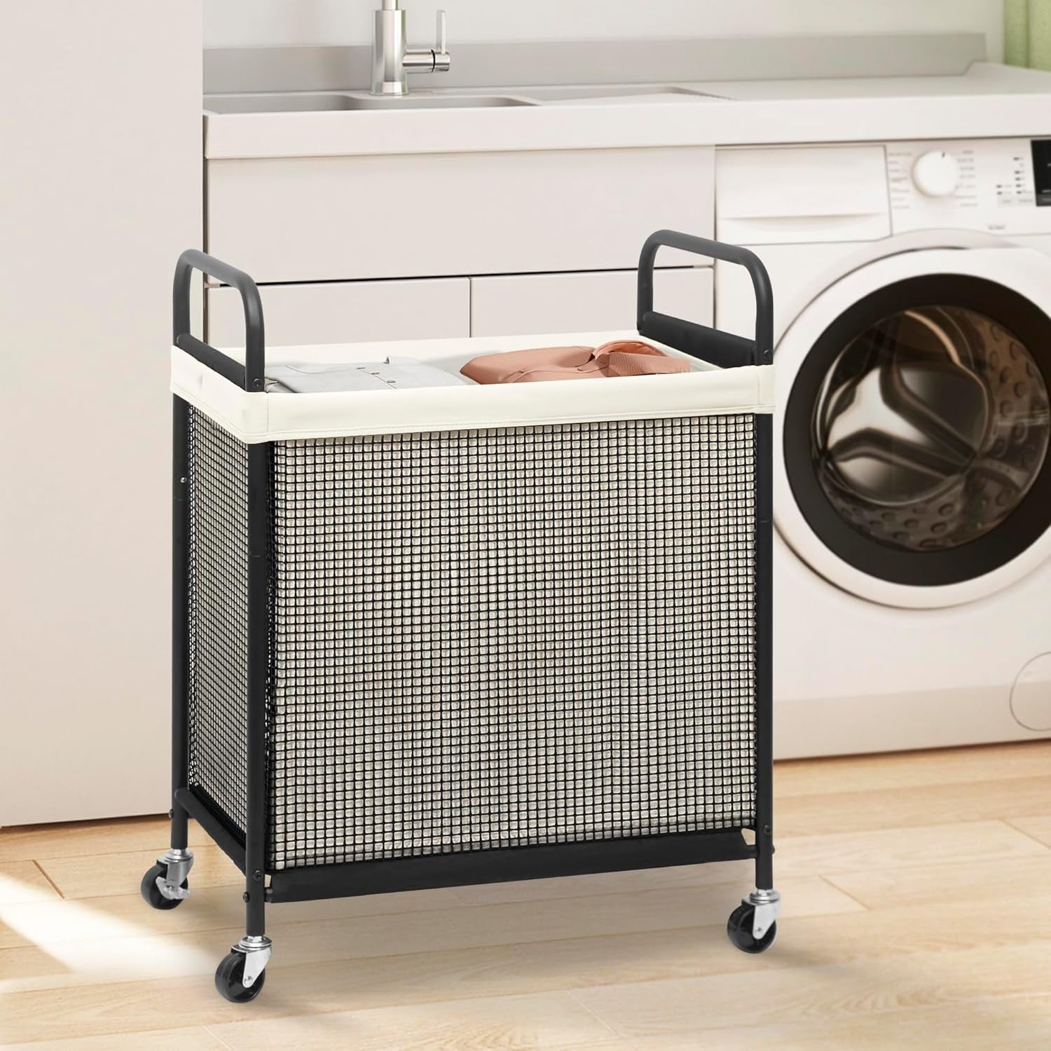 100L 2-Section Rolling Laundry Hamper | Removable Bags | Beige Laundry Cart Whee