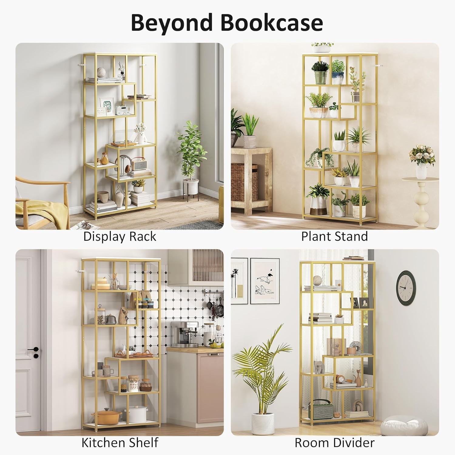 7-Tier Gold Geometric Bookcase | Modern Display Shelf Unit for Living Room & Off