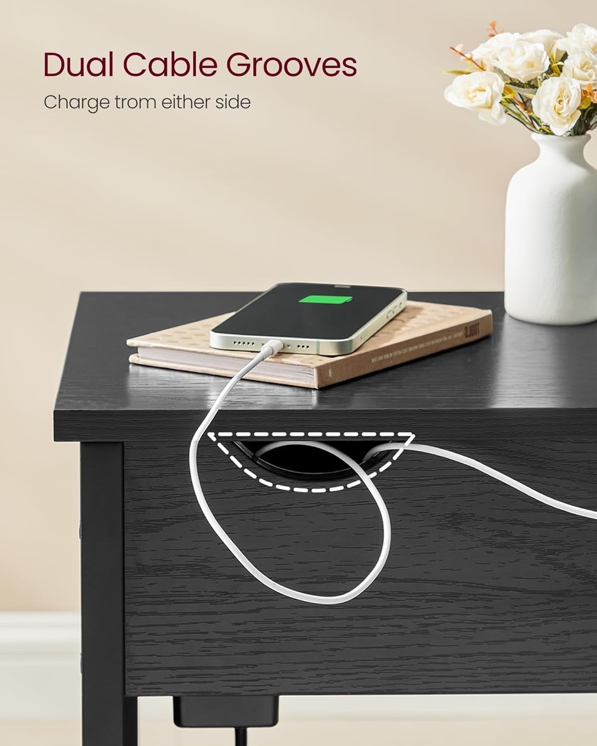 Slim Side Table with USB Charging Ports, Storage & Power Strip, Black