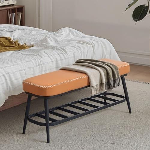 Brown PU Leather Shoe Storage Bench with Cushion Seat & Metal Frame Entryway