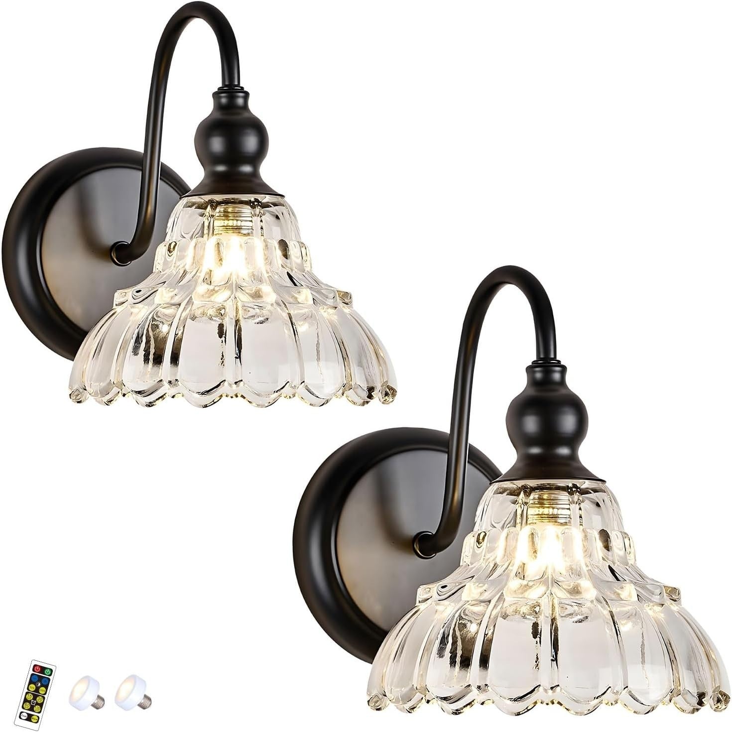 Wireless Battery Wall Sconces Set of 2 with Remote & Dimmable LED Lights