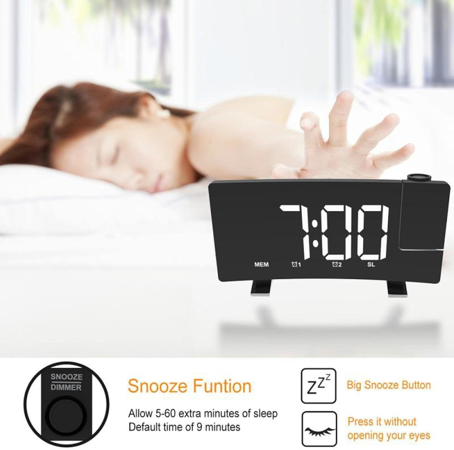 Projection Alarm Clock Large LED Display FM Radio Snooze Bedside Timer